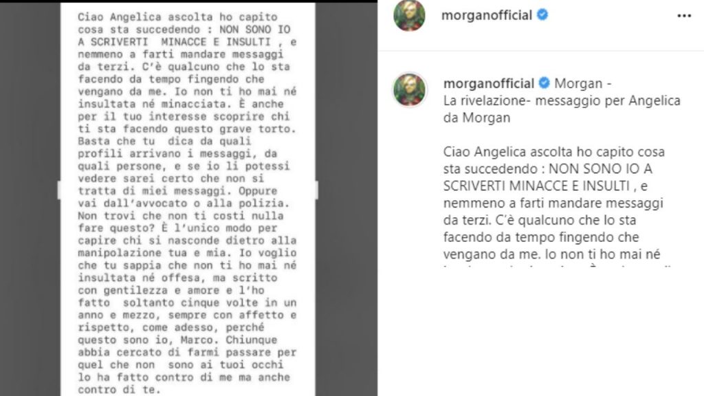 il messaggio di Morgan all'ex Angelica