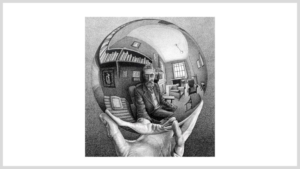 mano con sfera riflettente escher